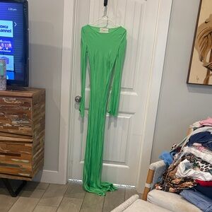 Vibrant Green Long Sleeve Maxi Dress satin. Very Long. May need to be hemmed